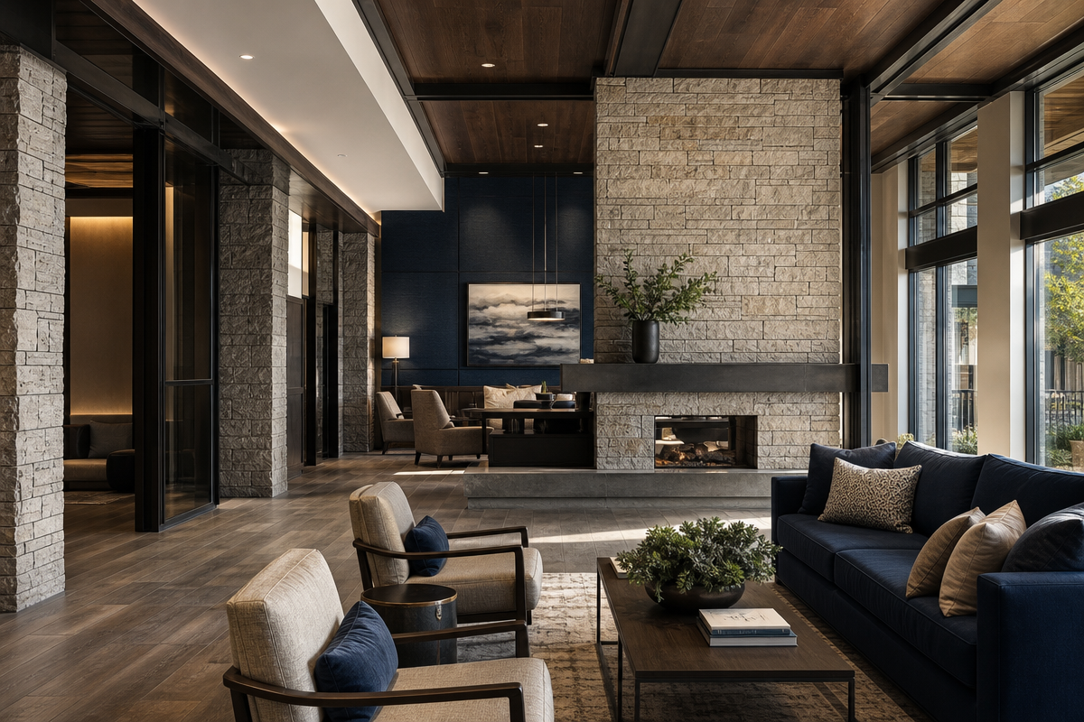 Refined multifamily lobby with stone, wood, and dark metal details
